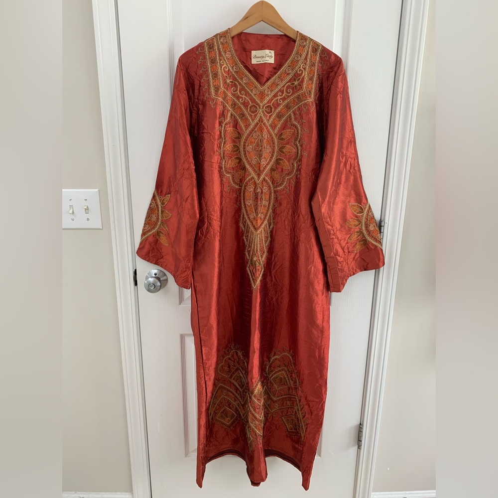 Iridescent Orange Embroidered Kuftan Dress / Arab Traditional Abaya